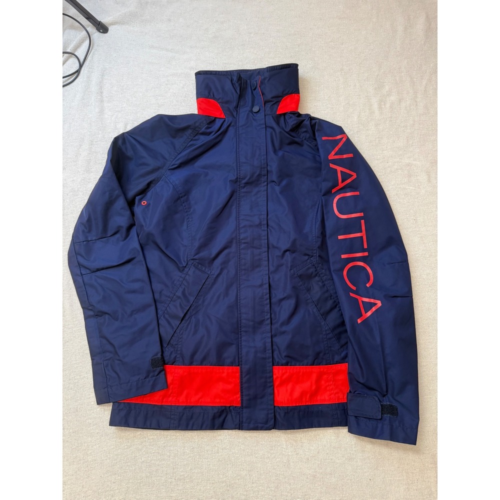 Nautica Windbreaker Jacket Women Large Navy Blue Red Colorblock Logo Zip Up
